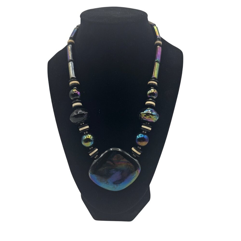 Iridescent Glass Beaded Statement Necklace With Large Centerpiece & Barrel Clasp